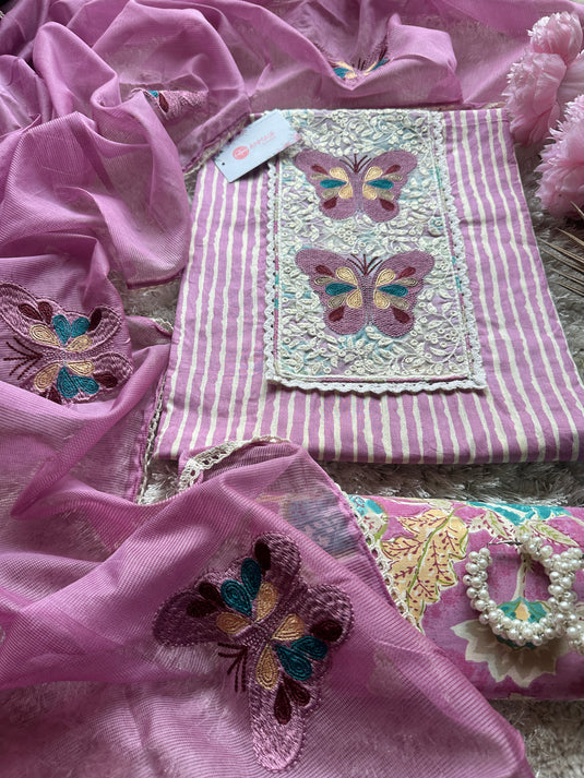 Butterfly motif printed cambric cotton suit set