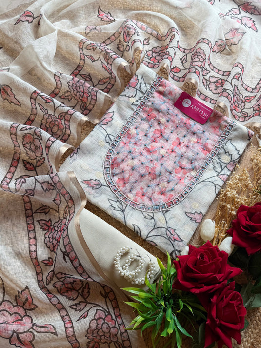 Kota Doria U knot neck with coloured leaves and Banarasi weaves