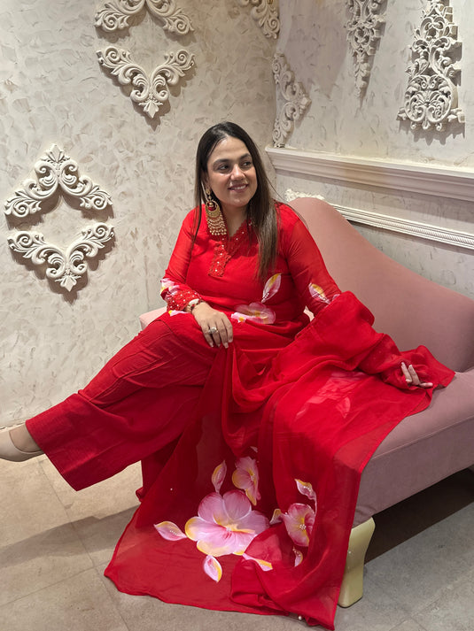 Handpainted organza suit set with farshi salwar
