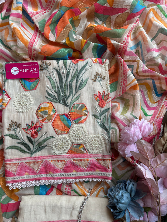 Appliqué work pure mul suits with colour digital print self dupatta