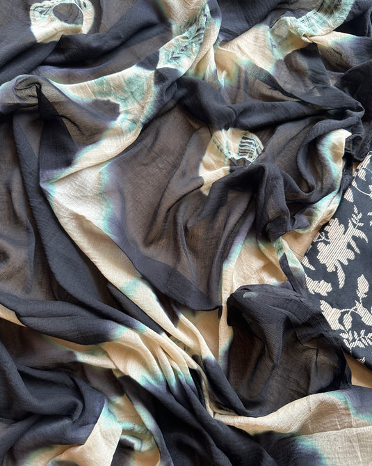 Printed cotton dori neck suit set with shaded chiffon dupatta