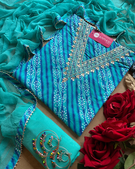 Pure cotton lehria print suit set with gotta v neck and pure chiffon dupatta