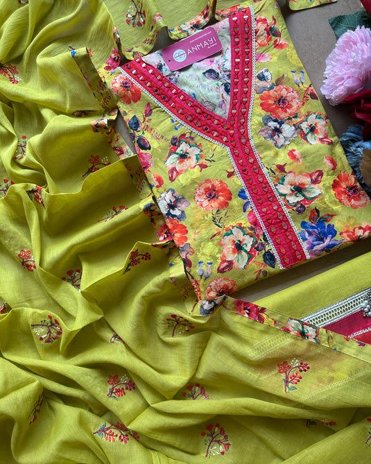 Lime green printed pure cotton suit set with embroidered dupatta