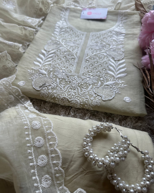 Mul Chanderi Chikankari pearl neck suit set