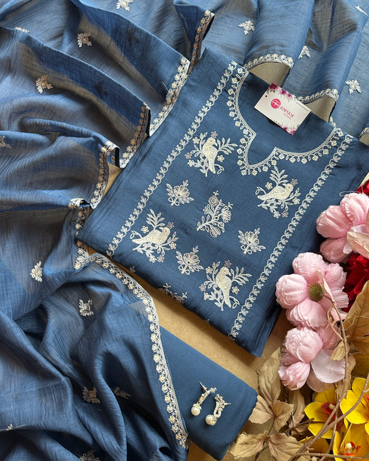 Panel bird garden embroidered pure mul suits