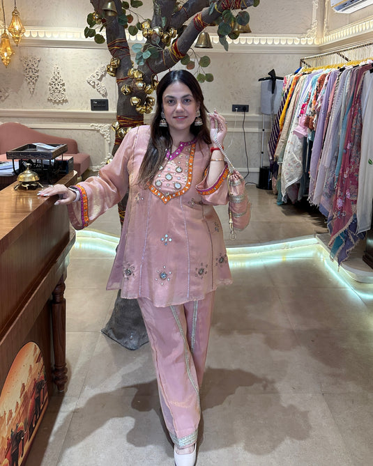 A line plazo mirror work shimmer organza coord set with potli