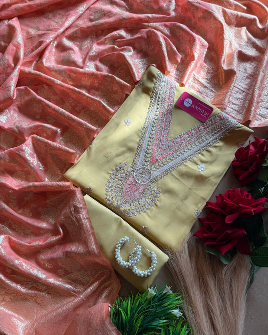 Modal muslin embroidered V neck suit set with Banarasi dupatta