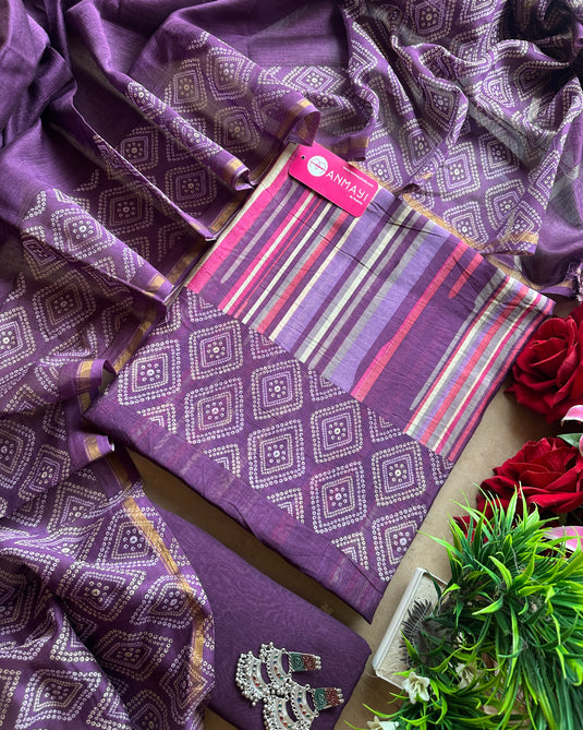 Stripes rainbow bandhani print pure Maheshwari suit set