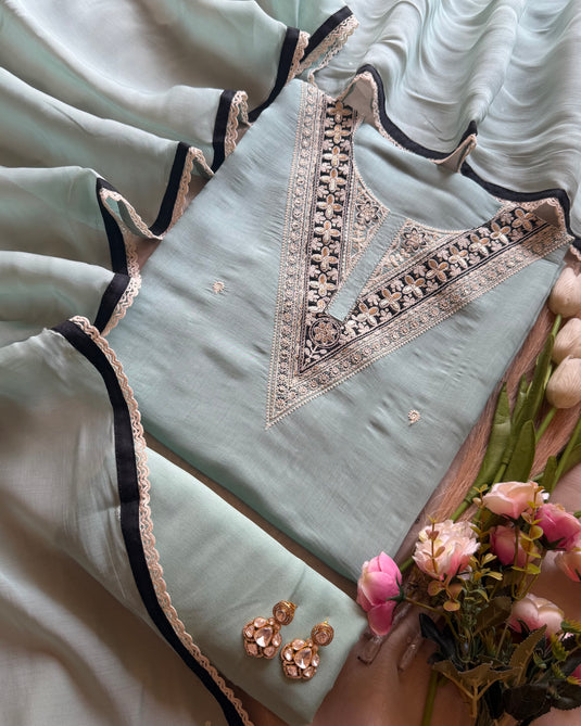 Black patched dori neck soft mul chanderi suit set