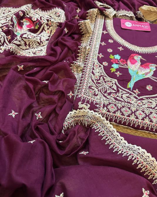 Parrot paradise embroidered cotton suit set