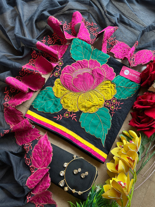 Appliqué work pure mul chanderi suit with cutwork dupatta