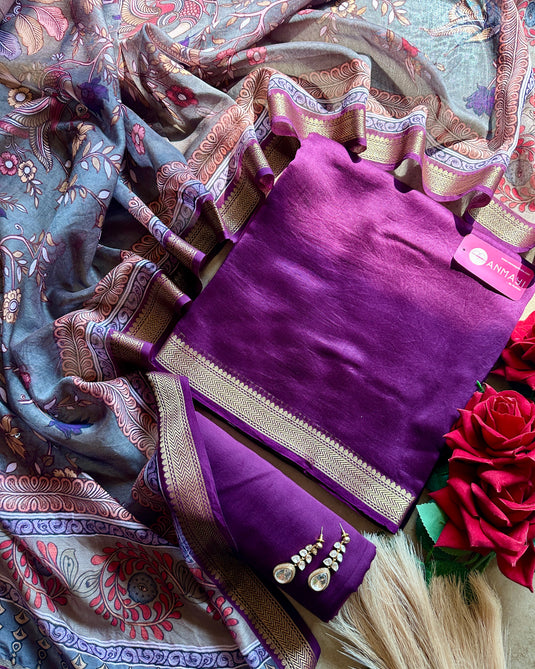 Pure Maheshwari silk south border suit set with kalamkari dupatta