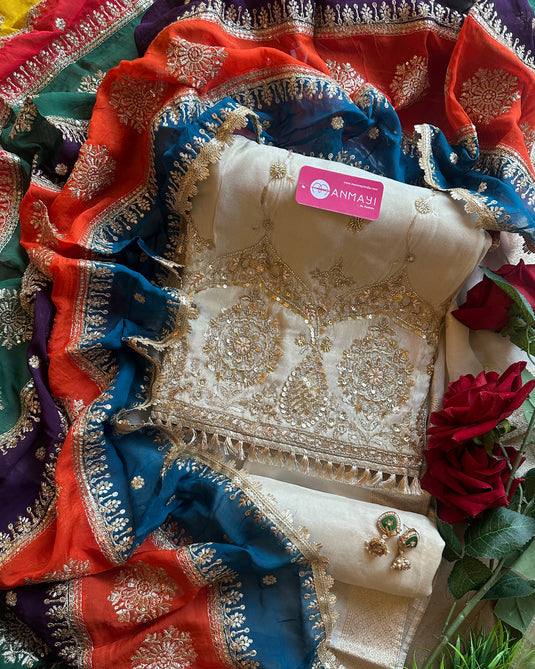 Kanjivaram hand embroidered shimmer silk suit set with coloured dupatta