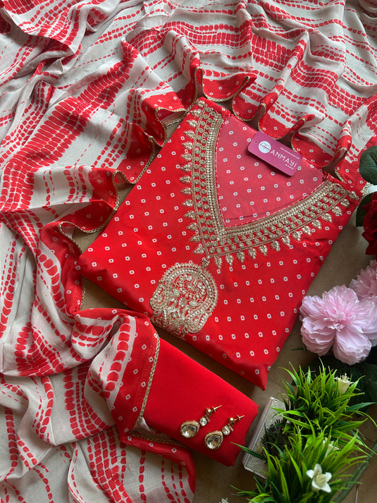 Pure crepe Bandhani print suit set with Dori work neck and tie dye dupatta