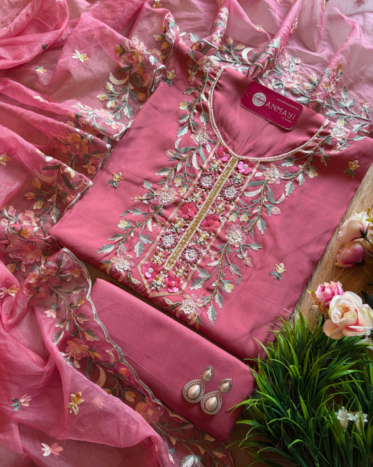 Modal muslin parsi machine work suit set with organza dupatta