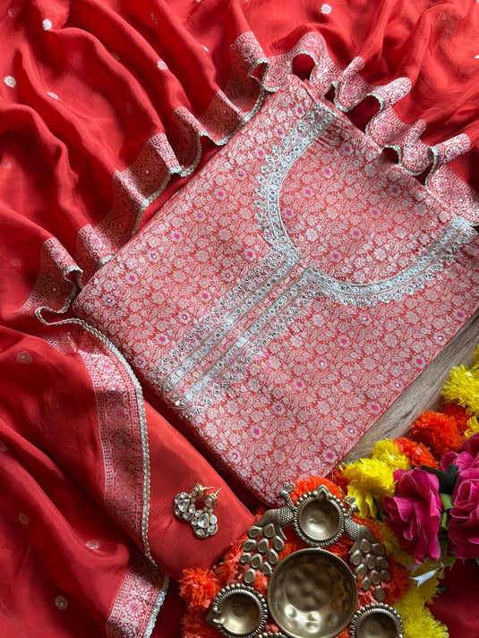 Narangi gold brocade silk suit set with organza dupatta