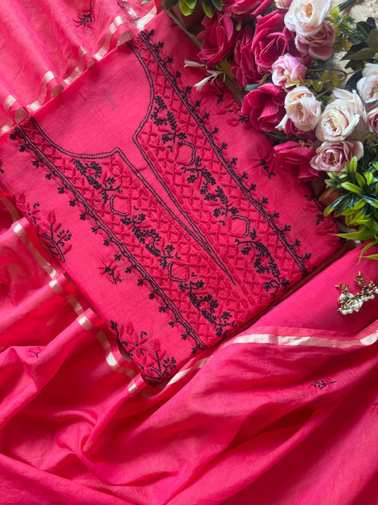 Coloured Bakhiya pure mul chanderi suit set