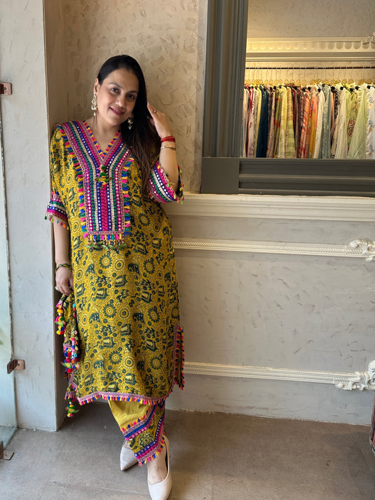 Farshi Salwar pure crepe ajrakh print stitched choga style set with potli