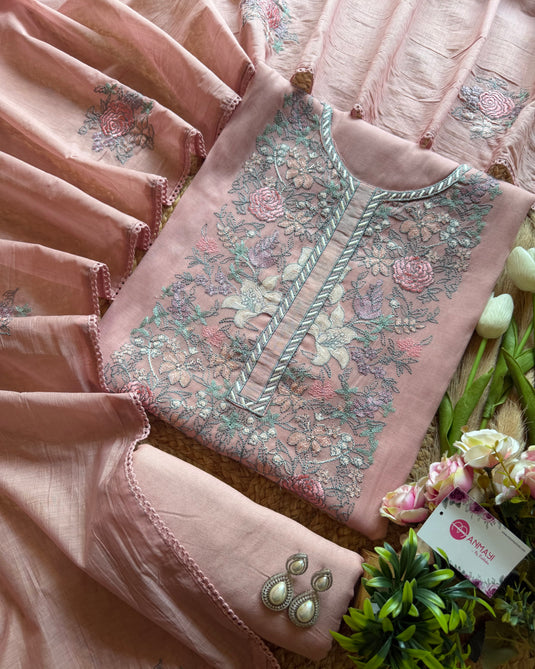 Coloured Lucknawi panel pastel mul chanderi suit set