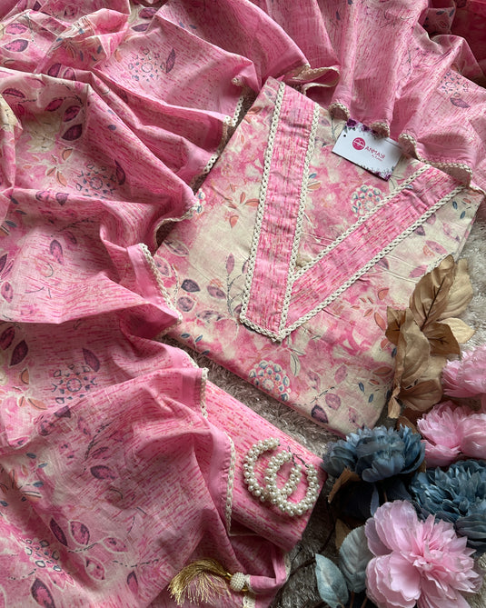 Cambric pastel printed v neck suit set with cotton dupatta