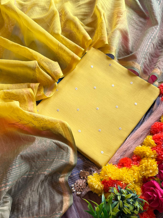 Mul Mul Chanderi zari polka pasting work with shaded gold dupatta