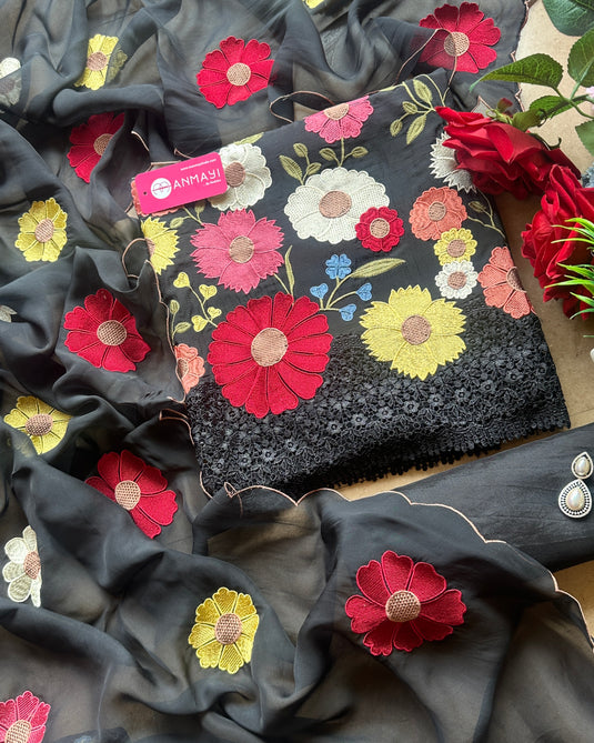 Multicoloured patched floral pure organza suit set