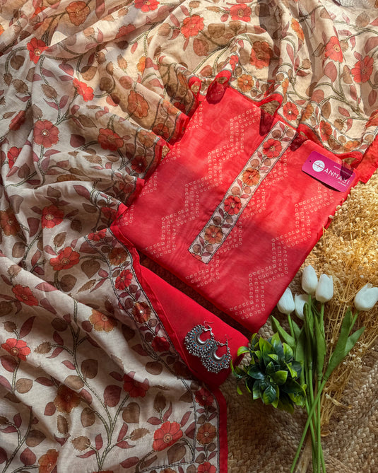 Soft Chanderi Bandhani print suit set with kantha highlight dupatta