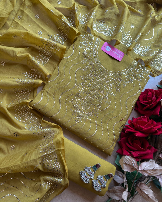 Spiral Mukaish work Mul Chanderi suit set