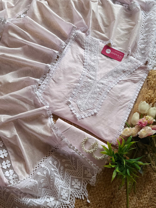 Pakistani cotton lace detail suit with organza patch