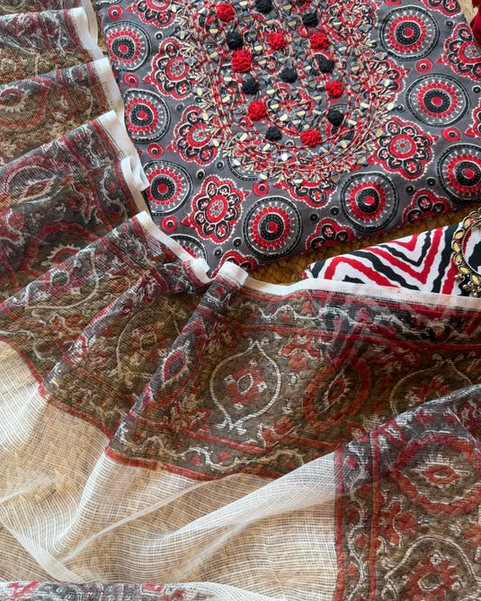 Ajrakh print pom pom neck pure cotton suit set with Kota block dupatta