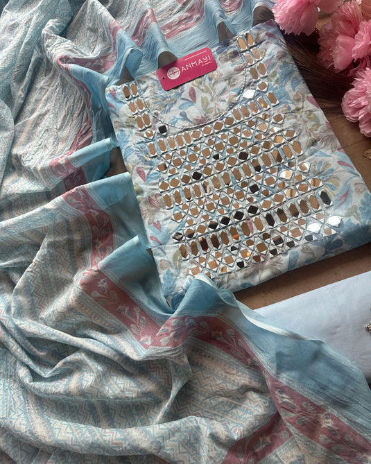 Printed cambric cotton suit with real mirror work