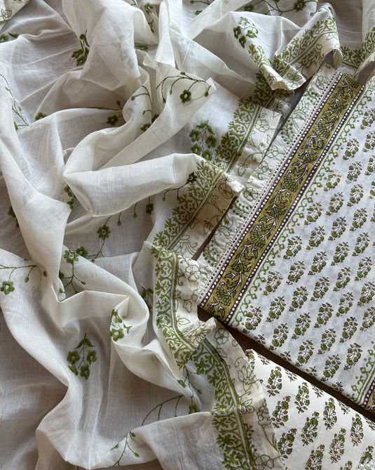 Panel block print suit embroidered suit with embroidered cotton dupatta