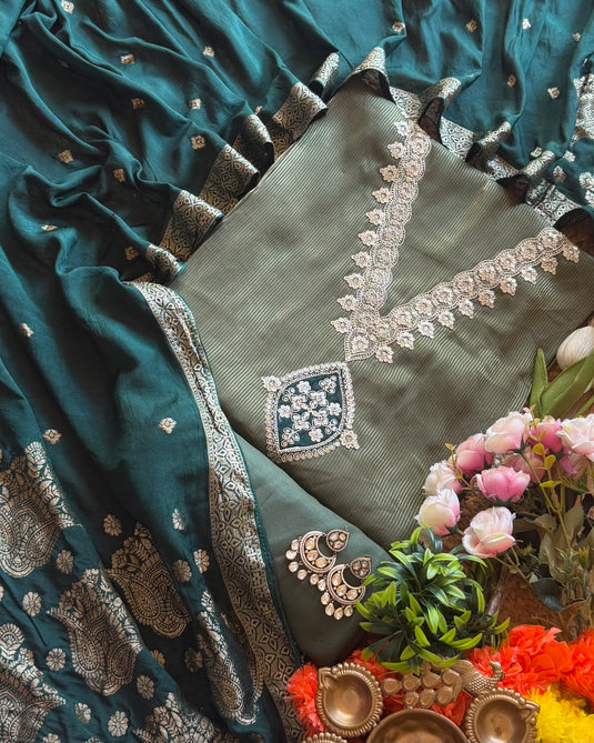 Shimmer lines cotton silk V neck suit set with jacquard dupatta