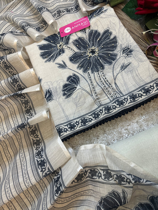 Pure linen beige black Kantha highlights suit