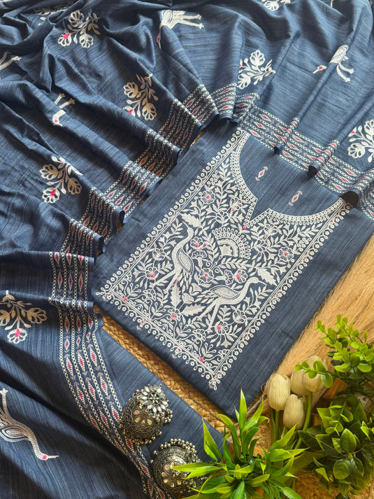 Indigo Handloom cotton Dori neck suit set
