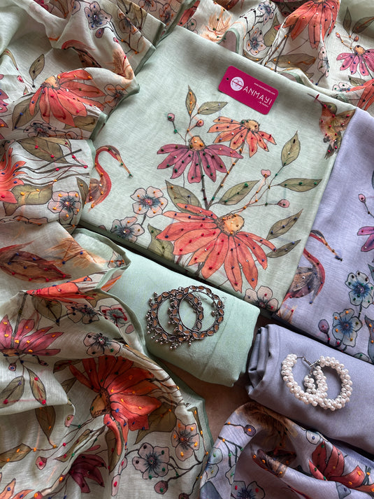 Pastel soft chanderi swan print suit set with knot work details