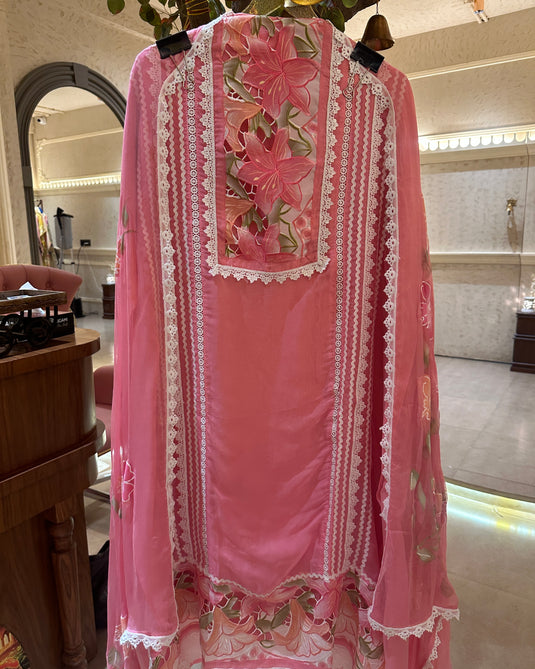 Coloured crochet patch work pure organza suits with handpaint dupatta