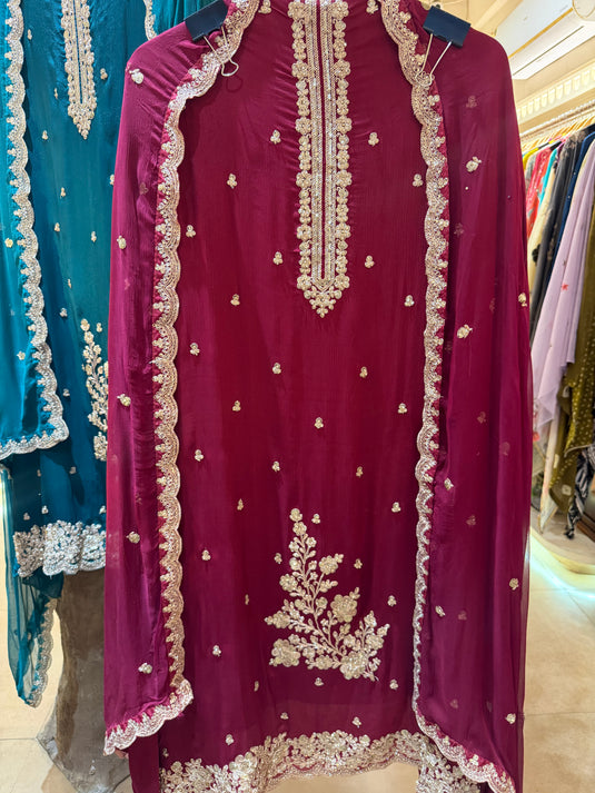 Fine Chinnon embroidered suit set with chiffon dupatta