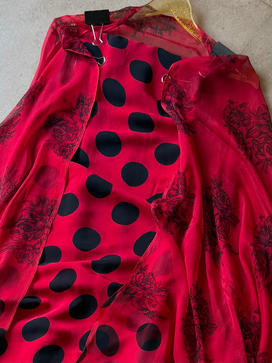 Polka dots crepe suit set with chiffon dupatta