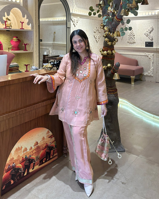 A line plazo mirror work shimmer organza coord set with potli