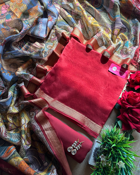 Pure Maheshwari silk south border suit set with kalamkari dupatta