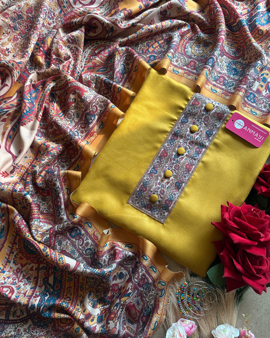 Buttoned spun suit set with printed shawls