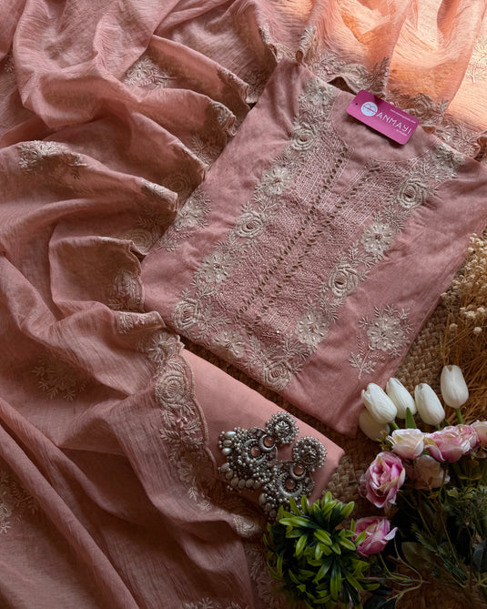 Pastel Mul Chanderi white Dori machine work suit set