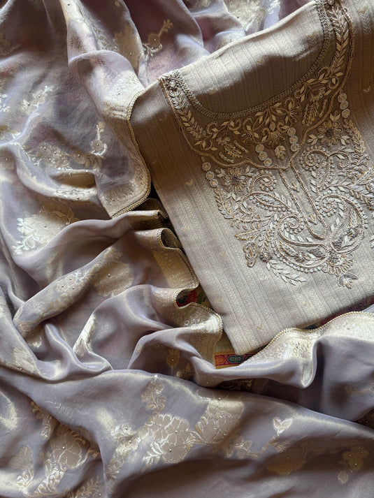 Kanjivaram zardosi work onion gold suit set