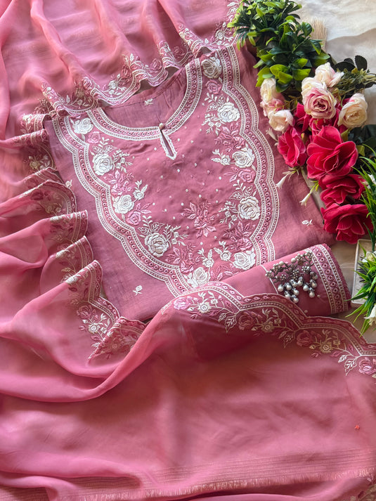 Semi stitched parsi work patched organza neck pure Mul cotton suit