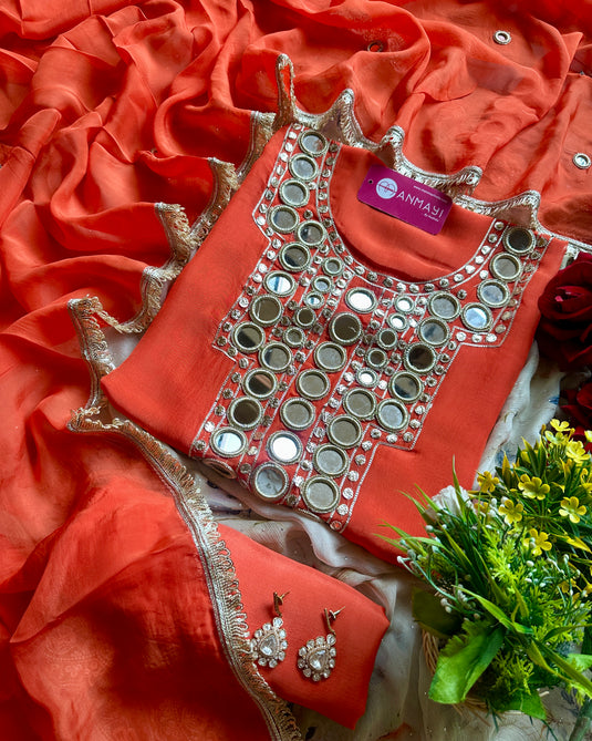 Pure organza Kutch mirror work suit set