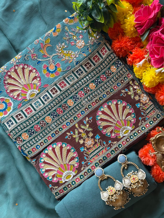 Arabic print semi crepe highlighted suit set