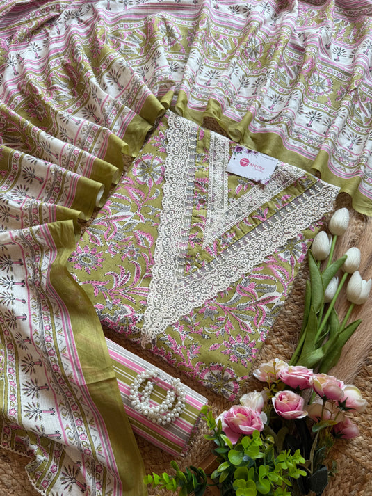 Cambric cotton V neck crochet Jaipuri pastel suit set