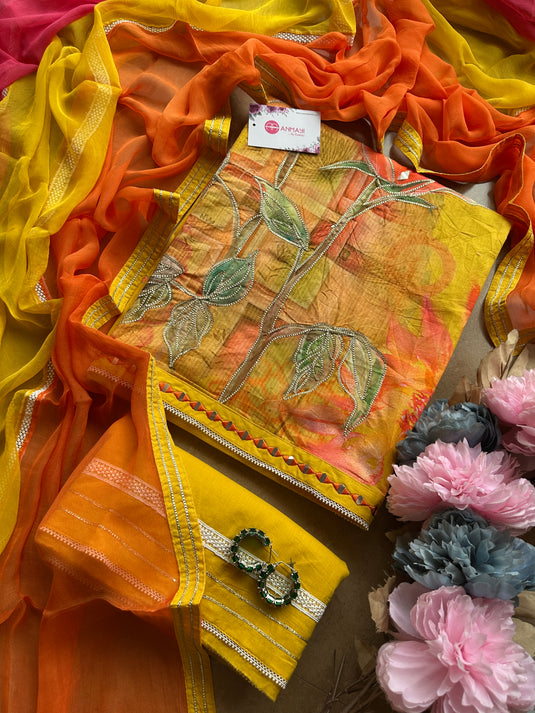 Painted gotta work cotton suit with pure chiffon tri colour dupatta