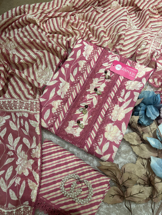 Patterned garden pure cotton suit set with shell neck